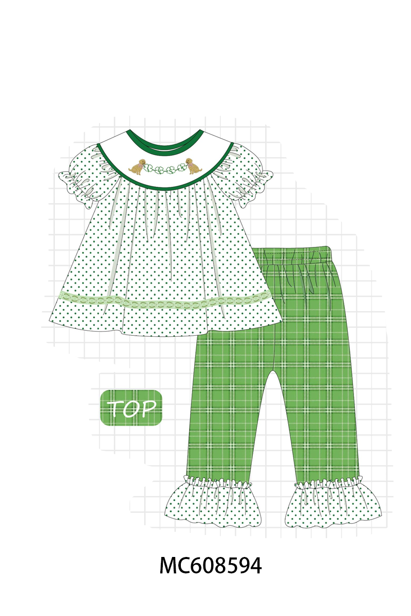 PO101 Green St. Patricks Day puppy clover embroidery plaid collection