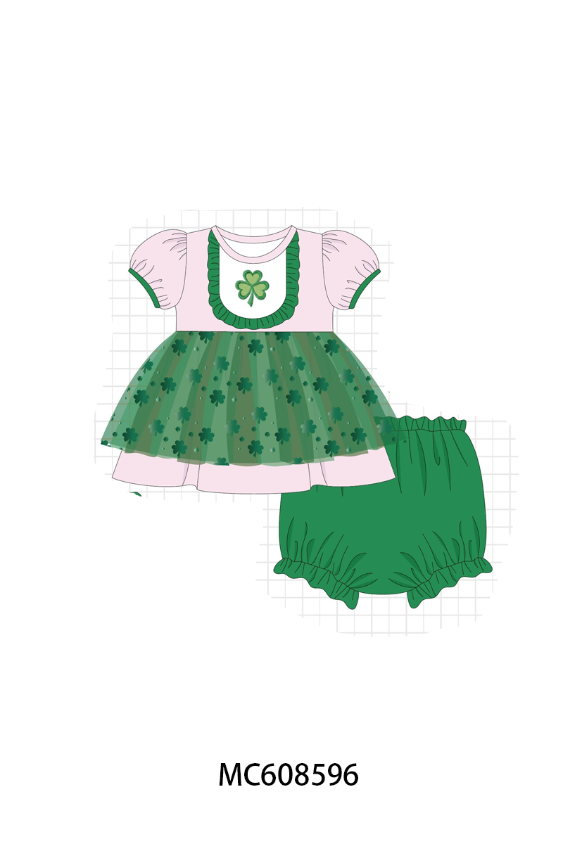 PO101 Green&pink clover embroidery ruffle stripe collection