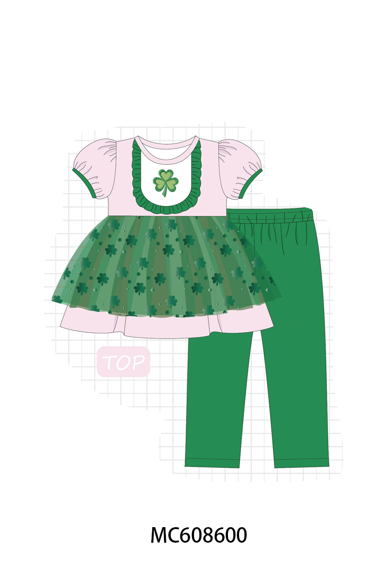 PO101 Green&pink clover embroidery ruffle stripe collection
