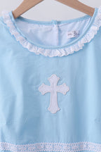 Blue cross embroidery ruffle tiered dress