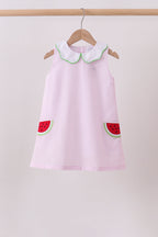 Pink stripe watermelon embroidery seersucker dress
