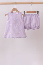 Purple seersucker butterfly embroidery shorts set