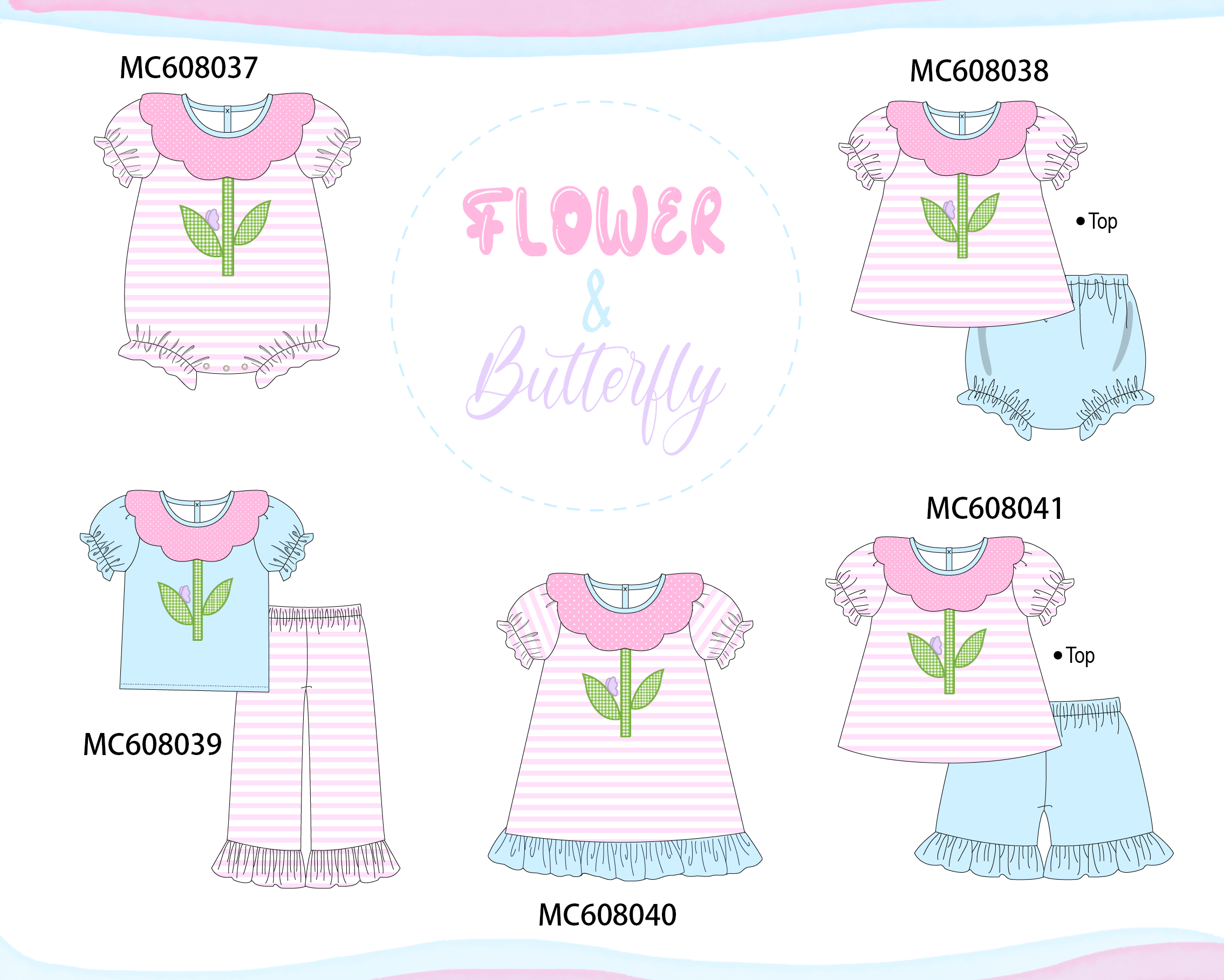 PO101 Pink stripe floral butterfly applique collection