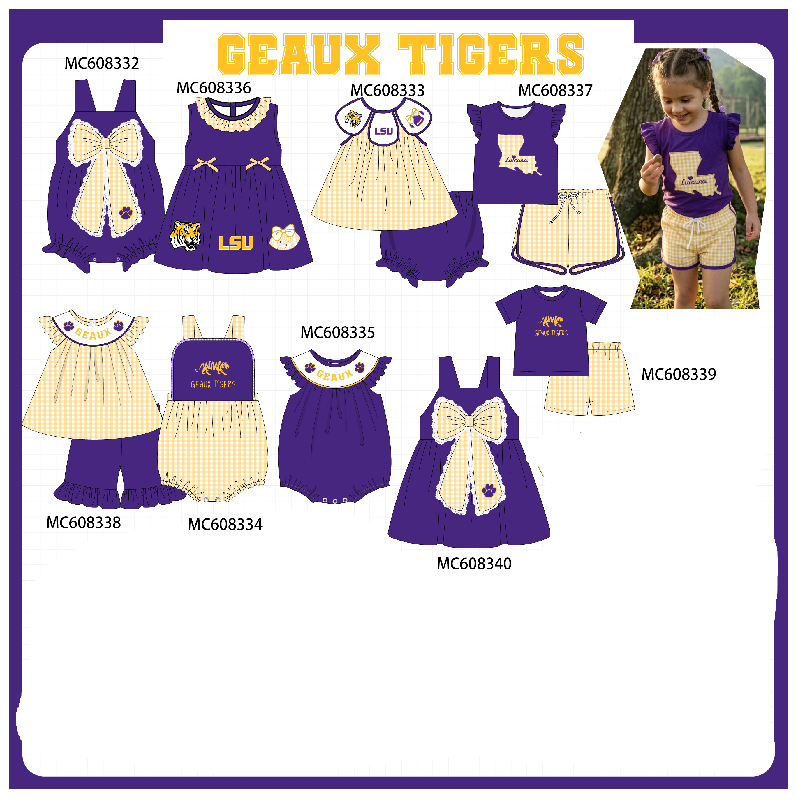 PO101 Purple LSU embroidery gingham collection 1