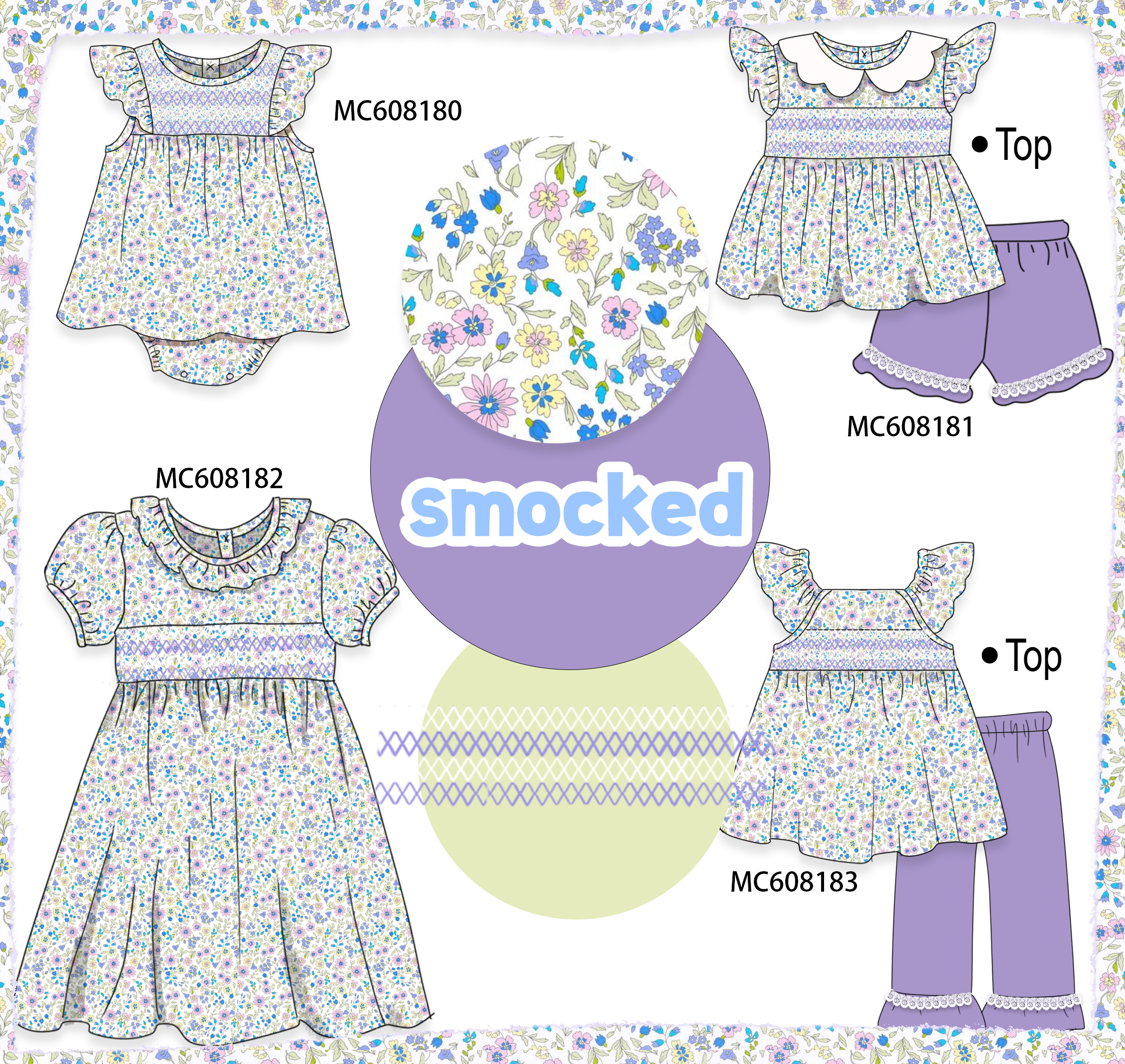 PO101 Purple floral smocked ruffle collection