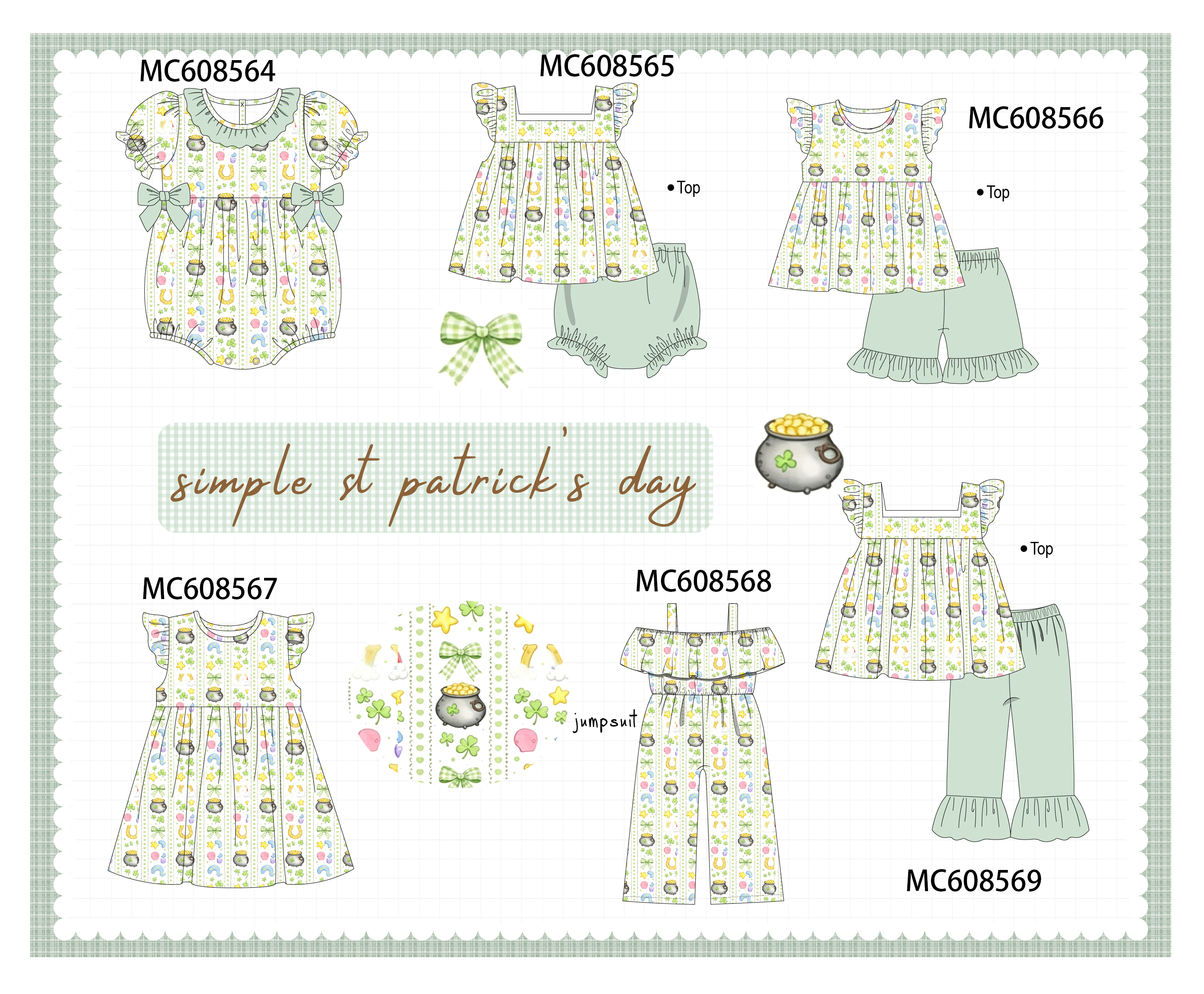 PO101 Sage St. Patricks Day clover bow print collection