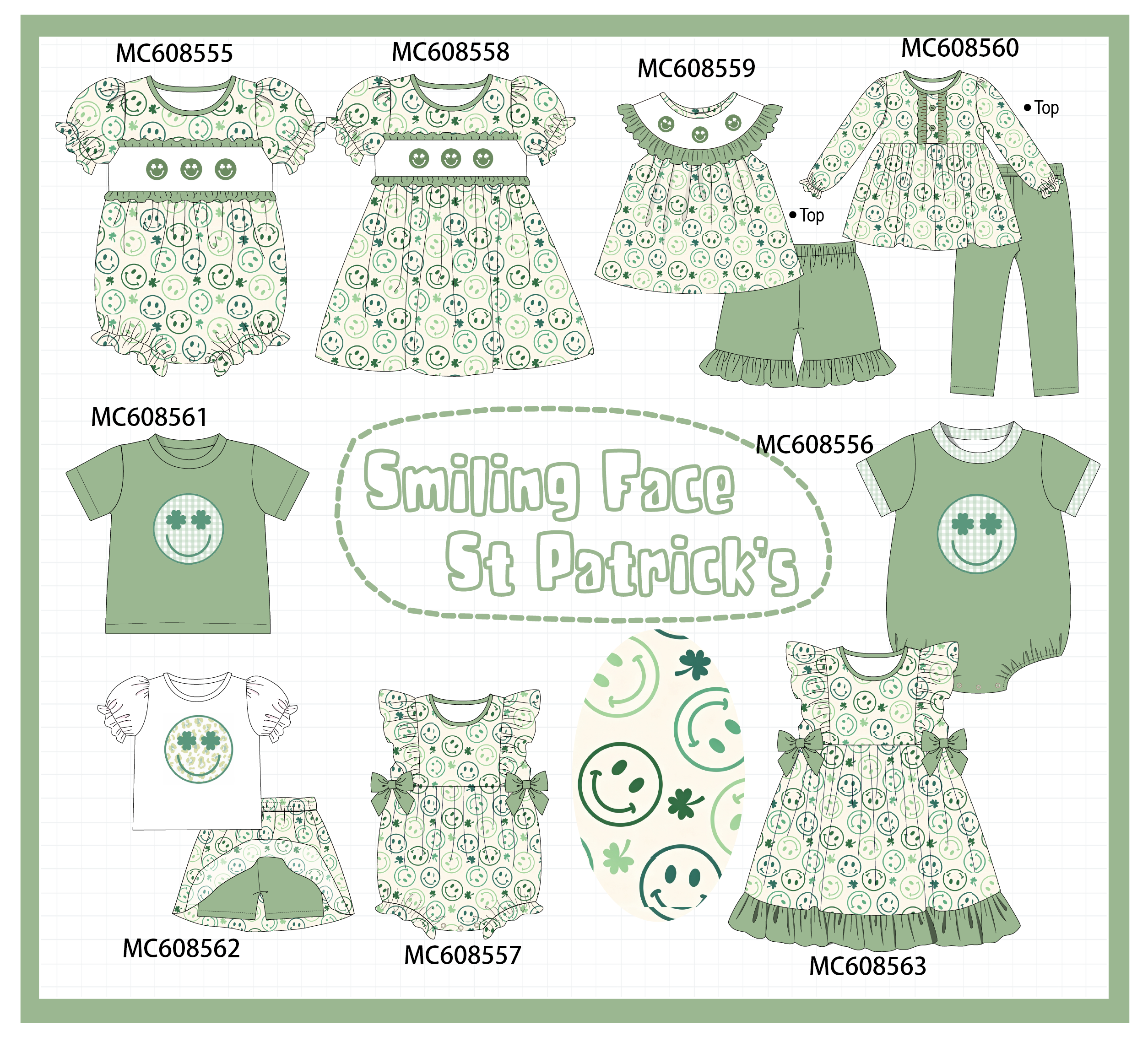 PO101 Sage smiling face clover embroidery collection